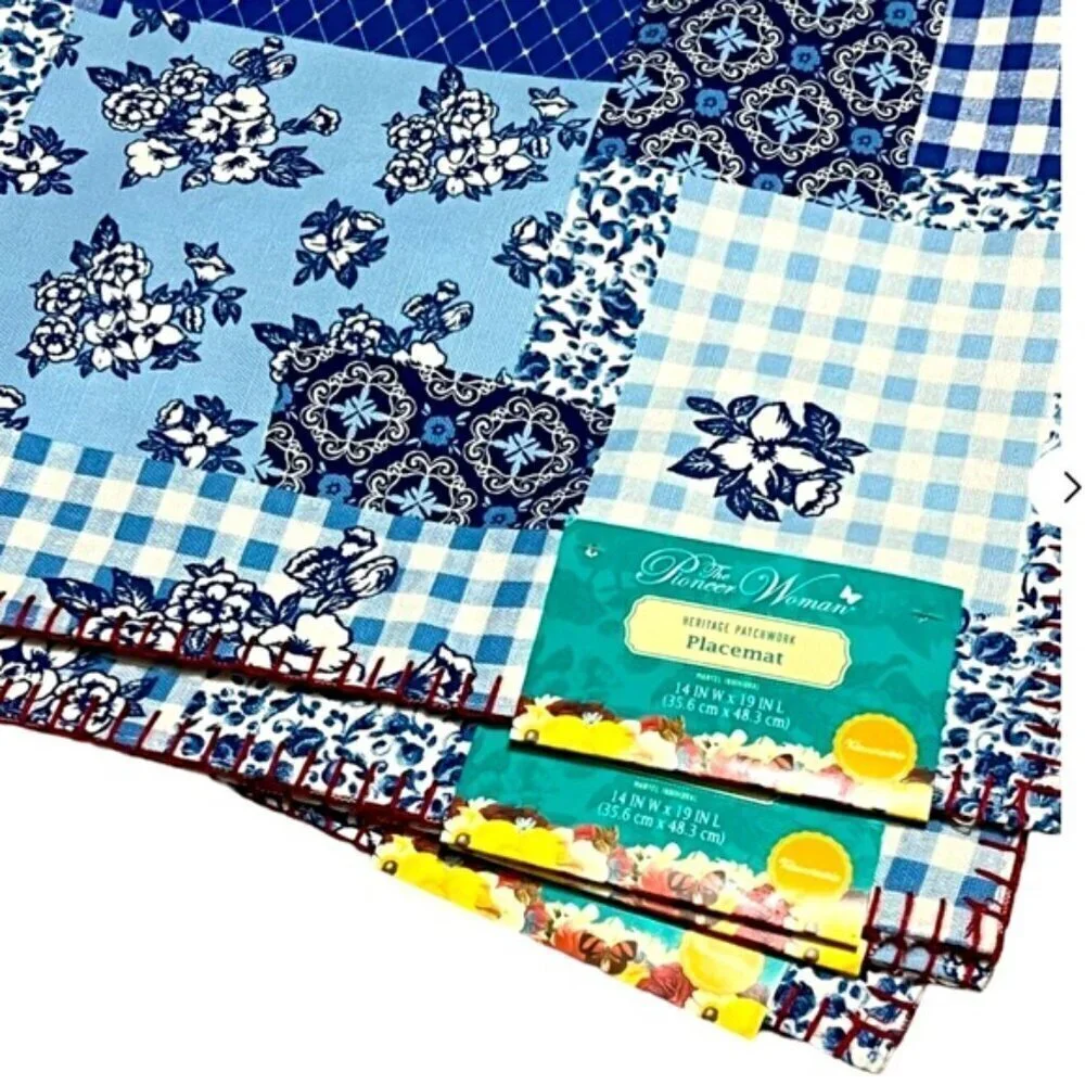Pioneer Woman Heritage Patchwork Cotton Placemat Reversible Plaid Blue Red 4 PC